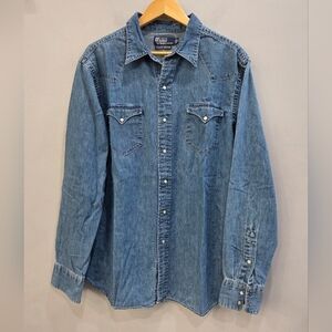 Polo Ralph Lauren Vintage Western Shirt Blue Pearl Snap Men's Size XL